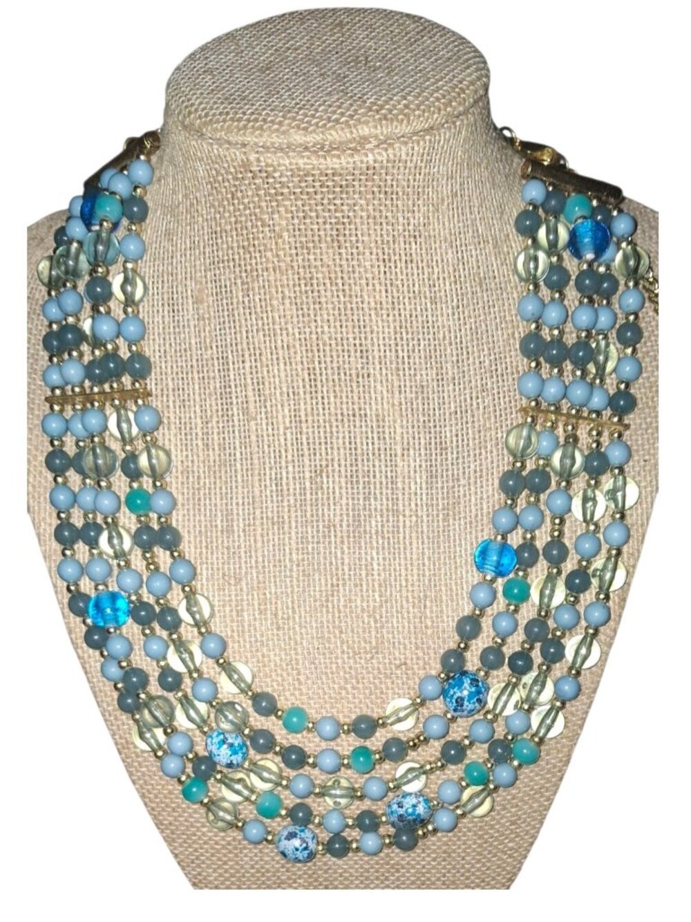 multi-strand layer blue round art glass bead necklace boho goldtone adjustable